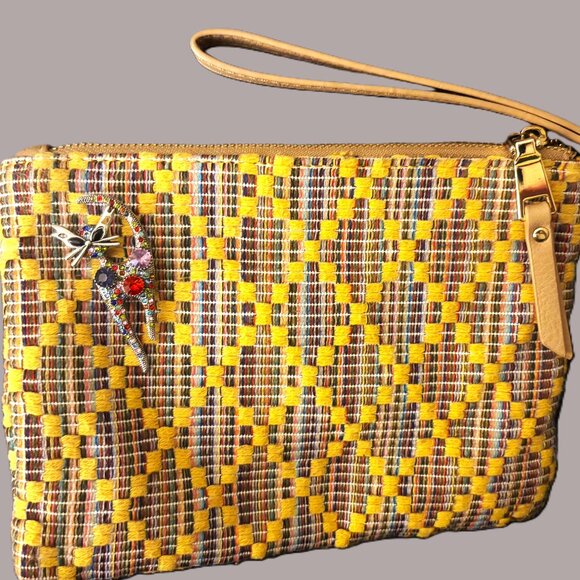 Colorful Miztique Cotton Woven Large Wristlet Tan Leather Straps Gold Hardware - Picture 4 of 8